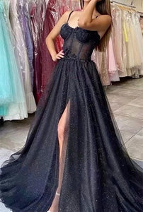 Black Prom Dress 2024 Spaghetti Straps Tulle Sequined with Slit