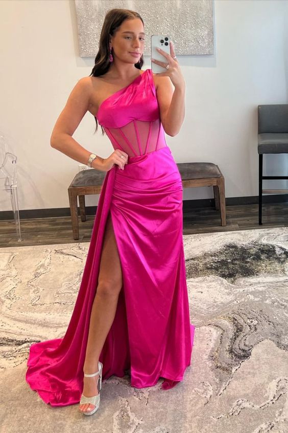 Hot Pink Prom Dress 2024 One-shoulder Satin with Slit 24W / Blue Hot Pink Prom Dress 2024 One-shoulder Satin with Slit 24W / Blue