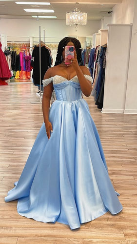 Blue Prom Dress 2024 Off the Shoulder Satin with Pleats