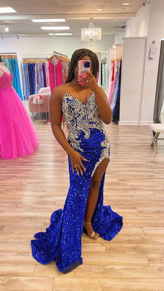 Royal Blue Prom Dress 2024 V Neck Beaded Sequin High Split 10 / Red Royal Blue Prom Dress 2024 V Neck Beaded Sequin High Split 10 / Red