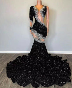Black Prom Dress 2024 One-shoulder Sequin Crystal Long Sleeve AnnaCustomDress Black Prom Dress 2024 One-shoulder Sequin Crystal Long Sleeve AnnaCustomDress