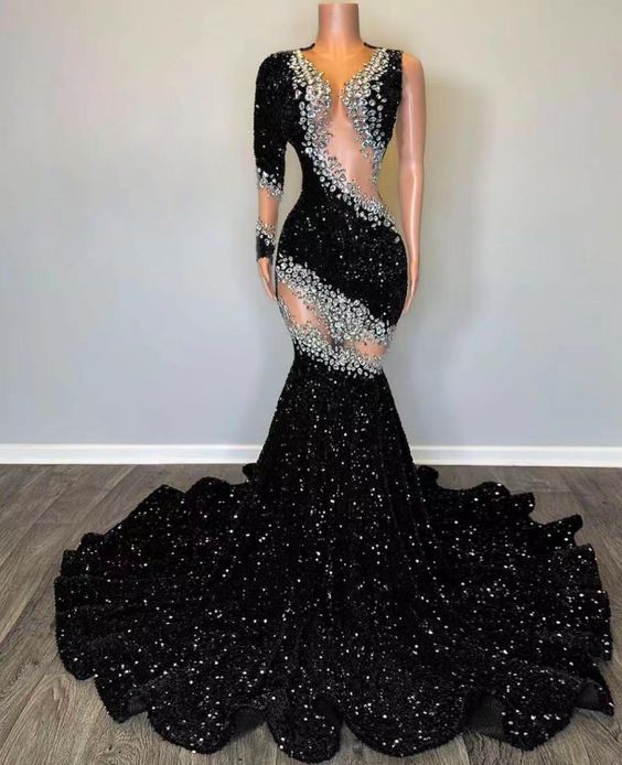 Black Prom Dress 2024 One-Shoulder Sequin Crystal Long Sleeve 6 / Red
