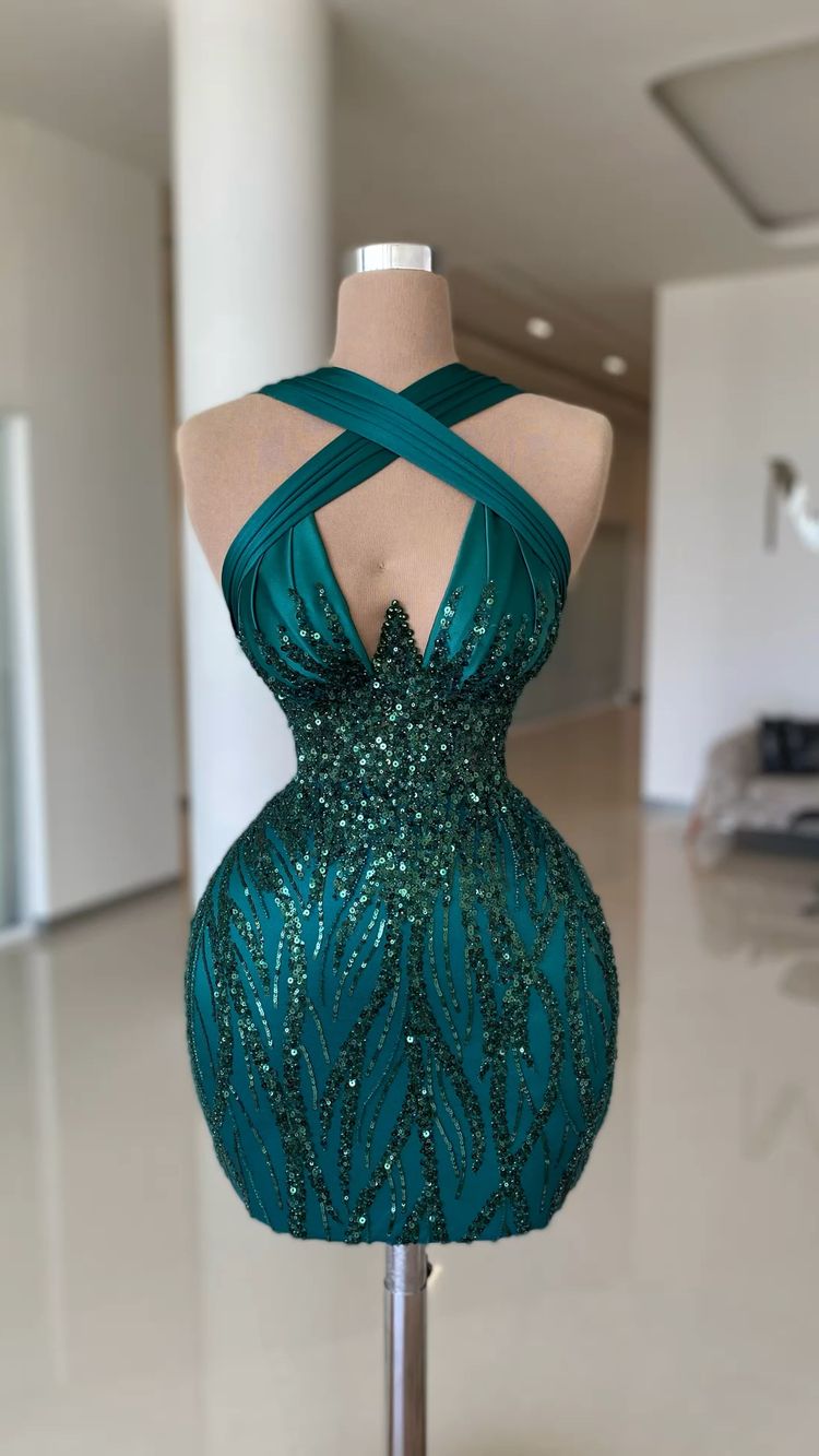 Dark Green Homecoming Dress 2023 Short Tight Halter Neck Sequin 8 / Custom Color Dark Green Homecoming Dress 2023 Short Tight Halter Neck Sequin 8 / Custom Color