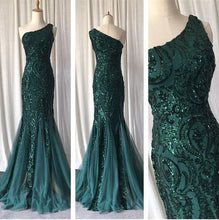 Load image into Gallery viewer, Dark Green Prom Dress 2024 One-shoulder Sequin Sleeveless
