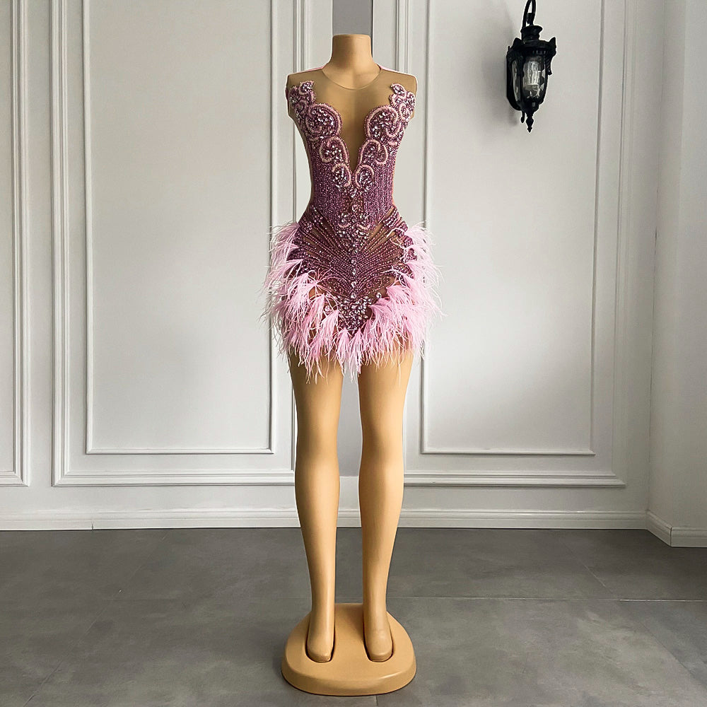Pink Luxurious Homecoming Dress 2023 Plunging Neck Sleeveless Sexy Sequin with Feathers