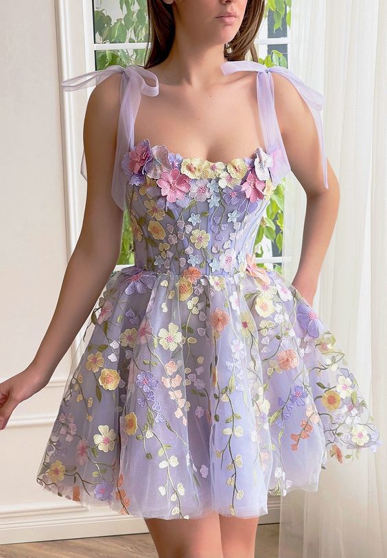 Floral Homecoming Dress 2023 Short Fairy Straps Tulle 18W / Custom Color Floral Homecoming Dress 2023 Short Fairy Straps Tulle 18W / Custom Color