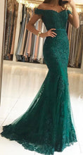 Load image into Gallery viewer, Dark Green Prom Dress 2024 Off the Shoulder Lace Appliques