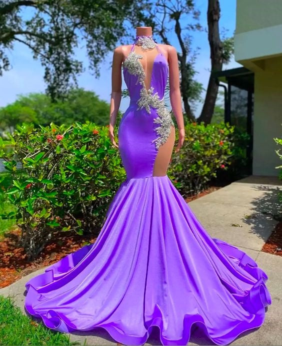 Purple Prom Dress 2024 Halter Neck Beaded Satin Mermaid 10 / Green Purple Prom Dress 2024 Halter Neck Beaded Satin Mermaid 10 / Green
