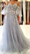 Load image into Gallery viewer, Dusty Blue Prom Dress 2024 Spaghetti Straps Tulle with Sleeves