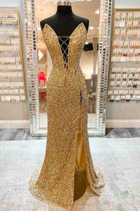 Gold Prom Dress 2024 Plunging Neck Sequin with Slit