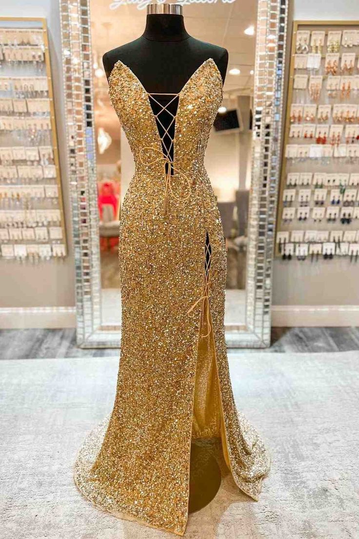 Gold Prom Dress 2024 Plunging Neck Sequin with Slit AnnaCustomDress Gold Prom Dress 2024 Plunging Neck Sequin with Slit AnnaCustomDress