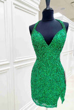 Load image into Gallery viewer, Green Homecoming Dress 2023 Short Halter Neck Sequin Corset Back Slit
