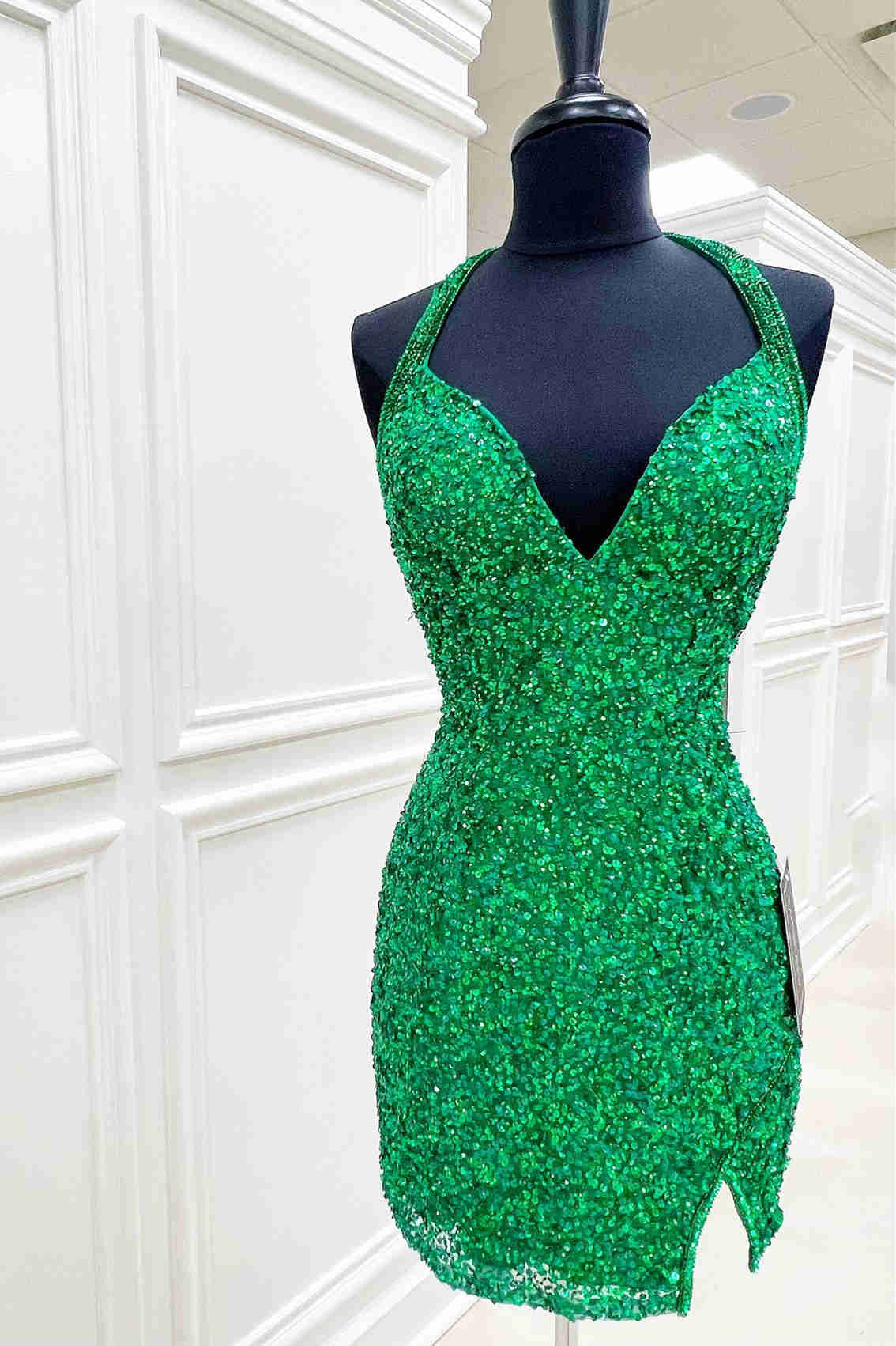 Green Homecoming Dress 2023 Short Halter Neck Sequin Corset Back Slit –  AnnaCustomDress