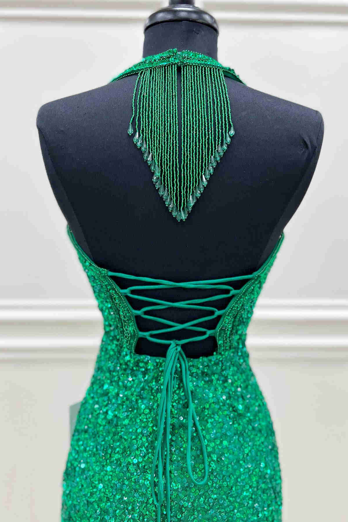 Green Homecoming Dress 2023 Short Halter Neck Sequin Corset Back Slit AnnaCustomDress Green Homecoming Dress 2023 Short Halter Neck Sequin Corset Back Slit AnnaCustomDress
