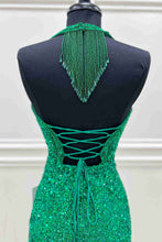 Load image into Gallery viewer, Green Homecoming Dress 2023 Short Halter Neck Sequin Corset Back Slit
