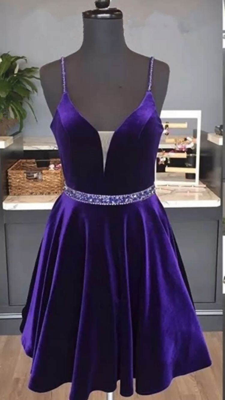 Grape Homecoming Dress 2023 Spaghetti Straps Velvet 22W / Custom Color Grape Homecoming Dress 2023 Spaghetti Straps Velvet 22W / Custom Color