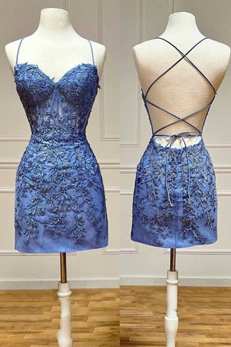 Blue Homecoming Dress 2023 Spaghetti Straps Lace Appliques Corset Back