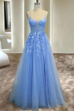 Load image into Gallery viewer, Pretty Prom Dress 2024 Blue Spaghetti Straps Lace Appliques
