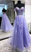 Load image into Gallery viewer, Purple Prom Dress 2024 Long Off the Shoulder Lace Appliques with Slit