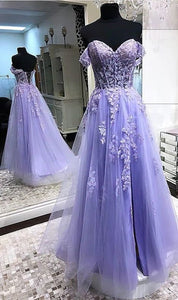 Purple Prom Dress 2024 Long Off the Shoulder Lace Appliques with Slit