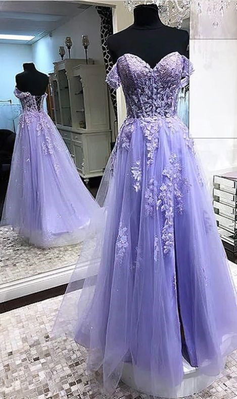 Purple Prom Dress 2024 Long Off the Shoulder Lace Appliques with Slit