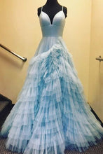 Load image into Gallery viewer, Blue Prom Dress 2024 Aesthetic V Neck Tiered Tulle
