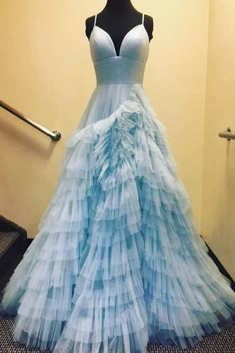 Blue Prom Dress 2024 Aesthetic V Neck Tiered Tulle