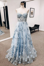 Load image into Gallery viewer, Blue Prom Dress 2024 Aesthetic Spaghetti Straps Floral Tulle
