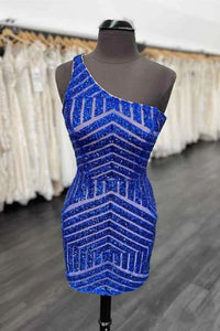Blue Homecoming Dress 2023 Short One-shoulder Sequin Sparkly