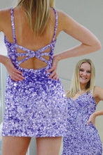 Load image into Gallery viewer, Purple Homecoming Dress 2023 Short Spaghetti Straps Sequin Crisscross Back