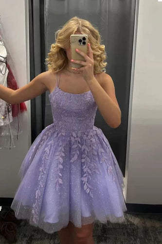 Purple Homecoming Dress 2023 Short Spaghetti Straps Tulle with Appliques