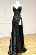 Load image into Gallery viewer, Black Prom Dress 2024 Spaghetti Straps Satin Lace Appliques with Slit