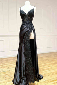 Black Prom Dress 2024 Spaghetti Straps Satin Lace Appliques with Slit