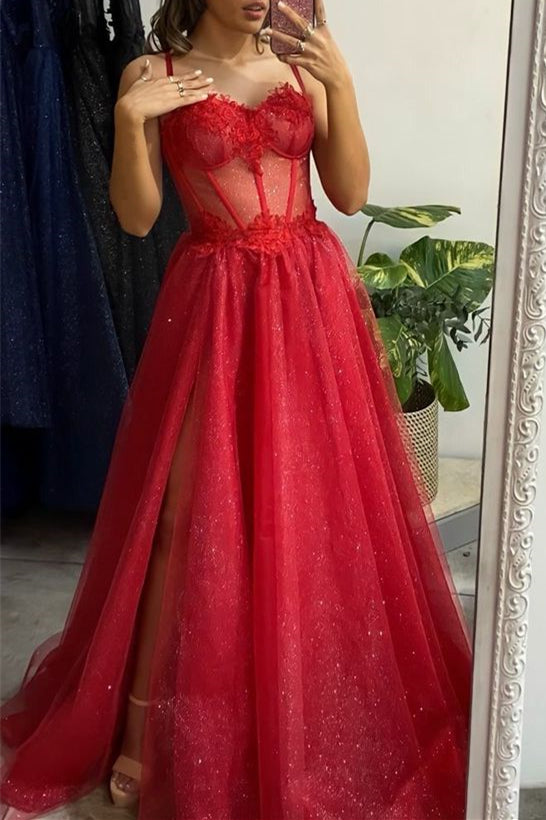 Red Prom Dress 2024 Spaghetti Straps Tulle with Slit Sequined