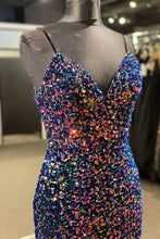 Load image into Gallery viewer, Blue Homecoming Dress 2023 Short Spaghetti Straps Sequin