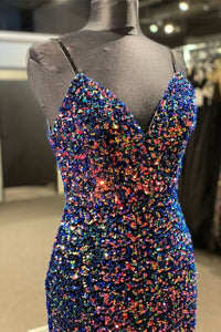 Blue Homecoming Dress 2023 Short Spaghetti Straps Sequin