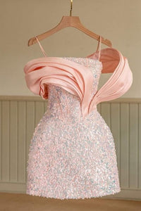 Pink Homecoming Dress 2023 Short Spaghetti Straps Sequin