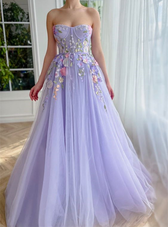 Pretty Prom Dress 2024 Lilac Strapless Floral Tulle Custom Size / Black
