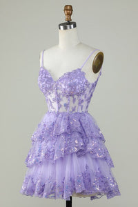 Lilac Prom Dress 2024 Short Spaghetti Straps Tiered Tulle