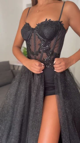 Black Prom Dress 2024 Inspiration Spaghetti Straps Tulle with Slit
