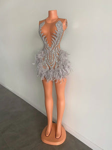 Luxurious Sliver Homecoming Dress 2023 Plunging Neck Sleeveless Sexy Sequin with Feathers
