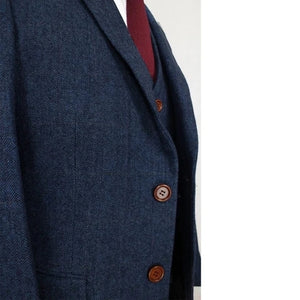 Men's Suits 3 PCS Lapel Wool Blended Navy Herringbone Gentleman Suits Jacket+Pants+Vest