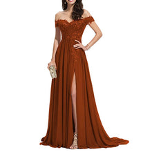 Load image into Gallery viewer, Burnt Orange Prom Dress 2023 Off the Shoulder with Slit Lace Appliques Corset Back