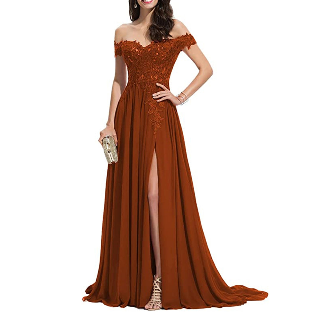 Burnt Orange Prom Dress 2023 Off the Shoulder with Slit Lace Appliques