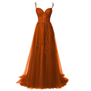 Burnt Orange Prom Dress 2023 Spaghetti Straps Tulle Lace Appliques Corset Back
