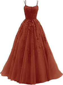 Puffy Burnt Orange Prom Dress 2023 Spaghetti Straps Tulle Lace Appliques Corset Back