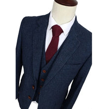 Load image into Gallery viewer, Men&#39;s Suits 3 PCS Lapel Wool Blended Navy Herringbone Gentleman Suits Jacket+Pants+Vest