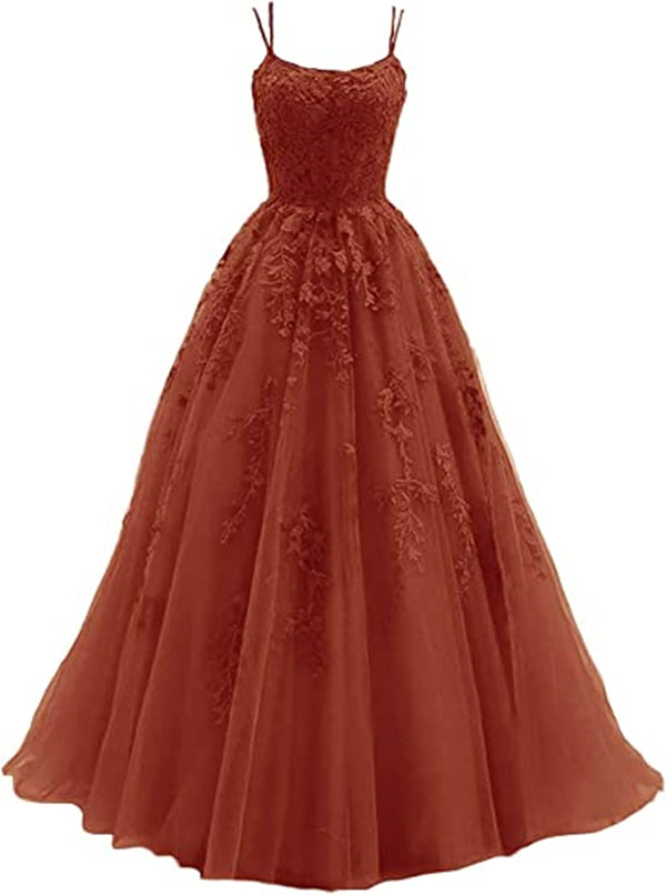 Puffy Burnt Orange Prom Dress 2023 Spaghetti Straps Tulle Lace Appliques Corset Back 22w / Burnt Orange