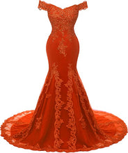 Load image into Gallery viewer, Burnt Orange Prom Dress 2023 Off the Shoulder Lace Appliques Satin Corset Back