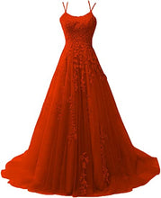 Load image into Gallery viewer, Tangerine Prom Dress 2023 Spaghetti Straps Lace Appliques Tulle Corset Back